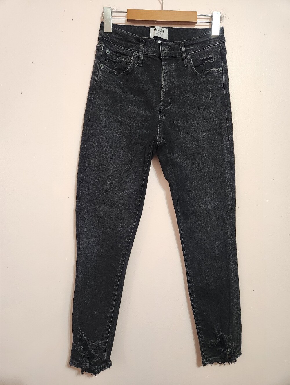 AGOLDE Sophie Crop High Rise Skinny Jeans Faded Black Distressed Hem Grunge 27